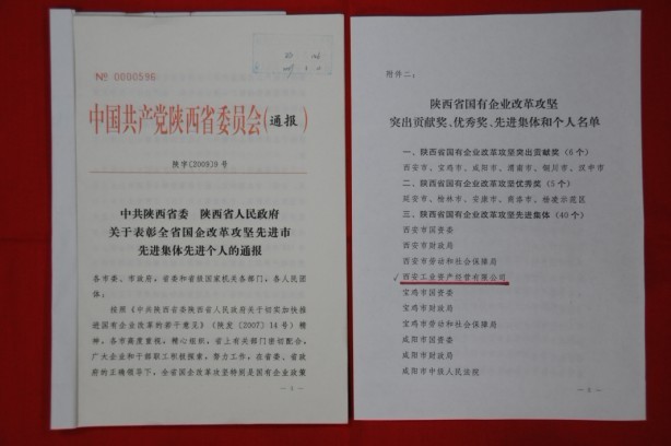 2009年2月，被陜西省委、省政府授予陜西省國有企業(yè)改革攻堅先進集體